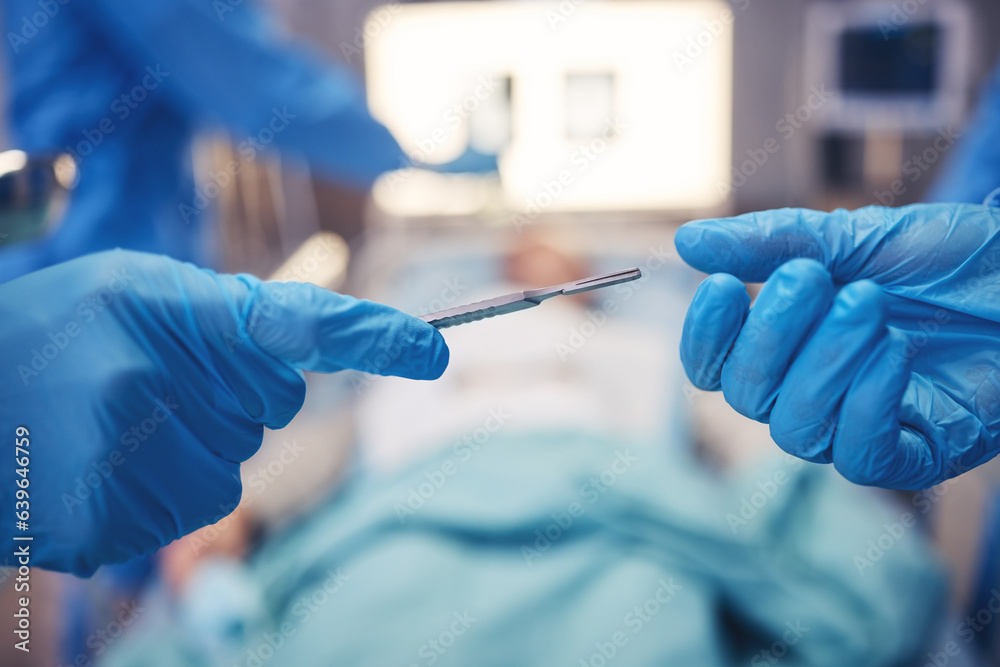 Hands, scalpel for surgery and collaboration in a hospital during an operation or emergency medical 