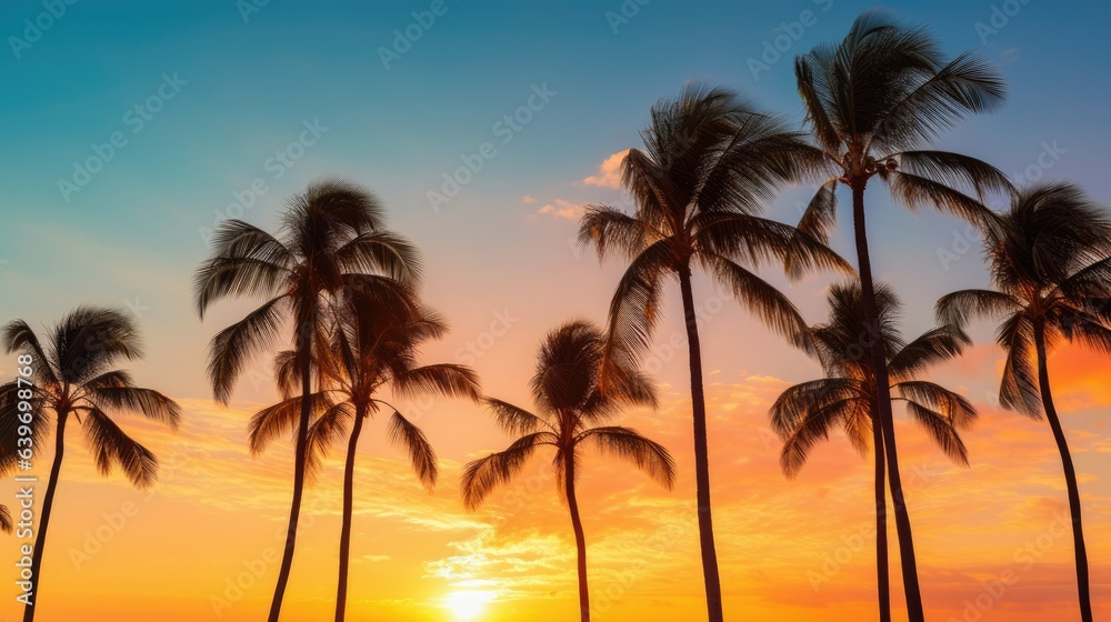 Golden Serenity: Tranquil Palm Trees Silhouetted Against a Deep Blue Sky, Basking in the Warm Glow o