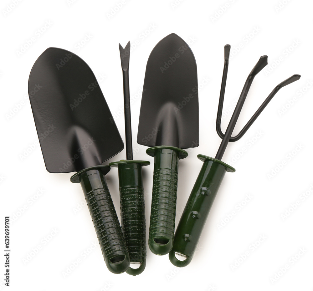 Set of gardening tools on white background