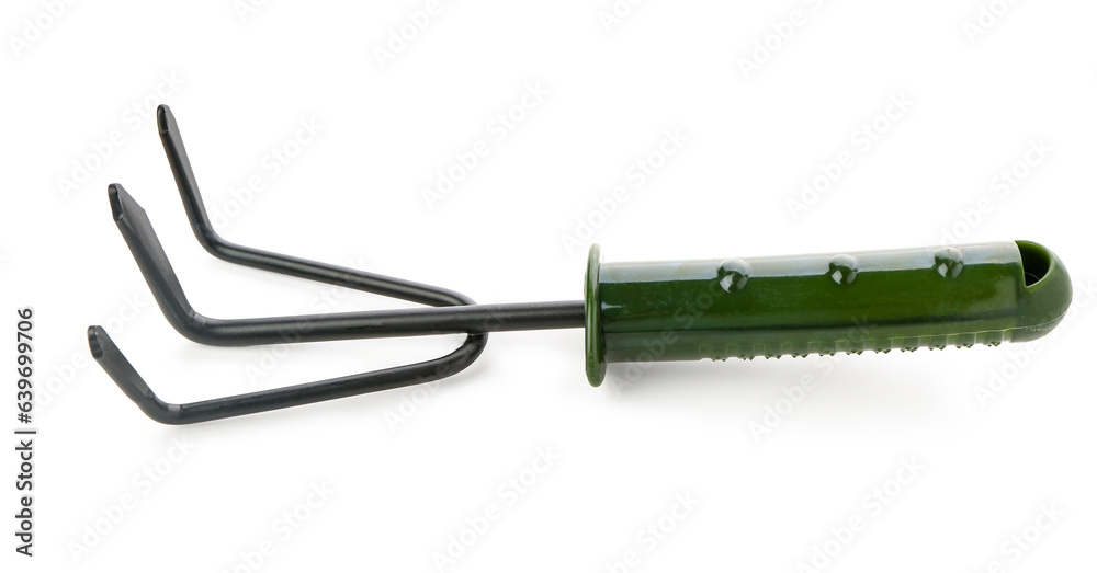 Gardening rake on white background