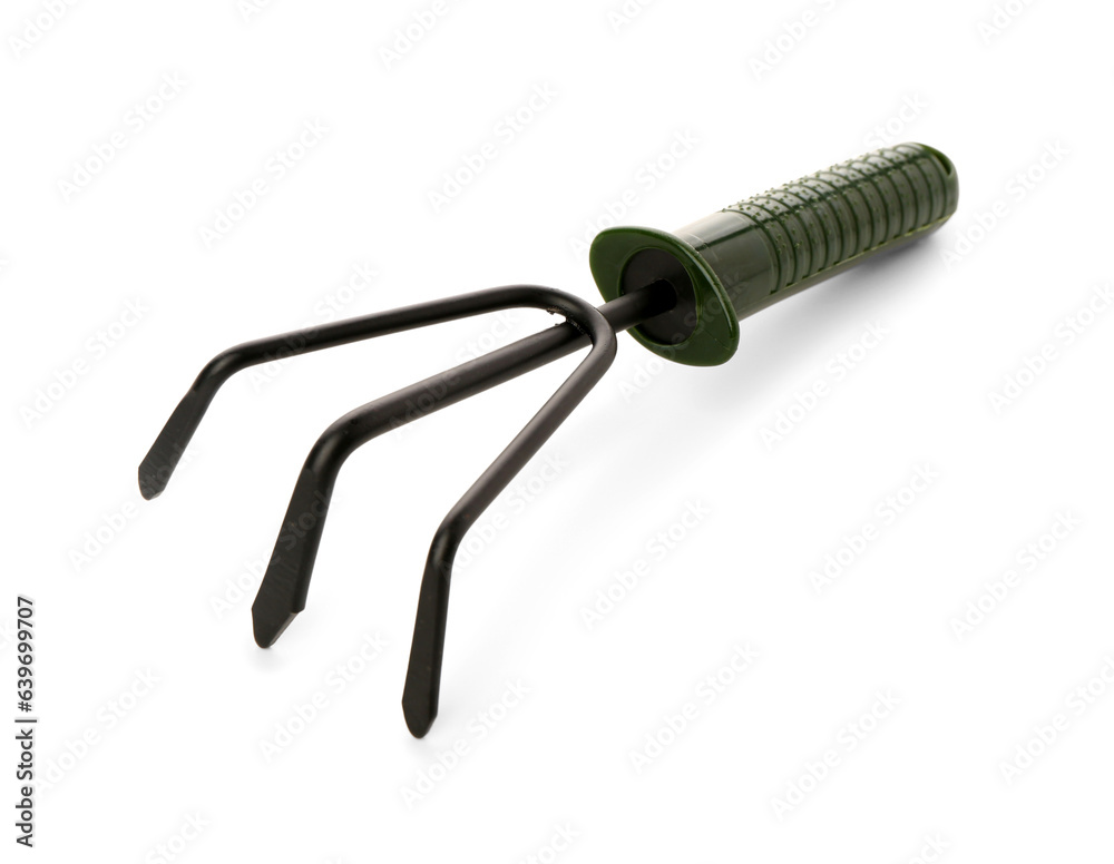 Gardening rake on white background