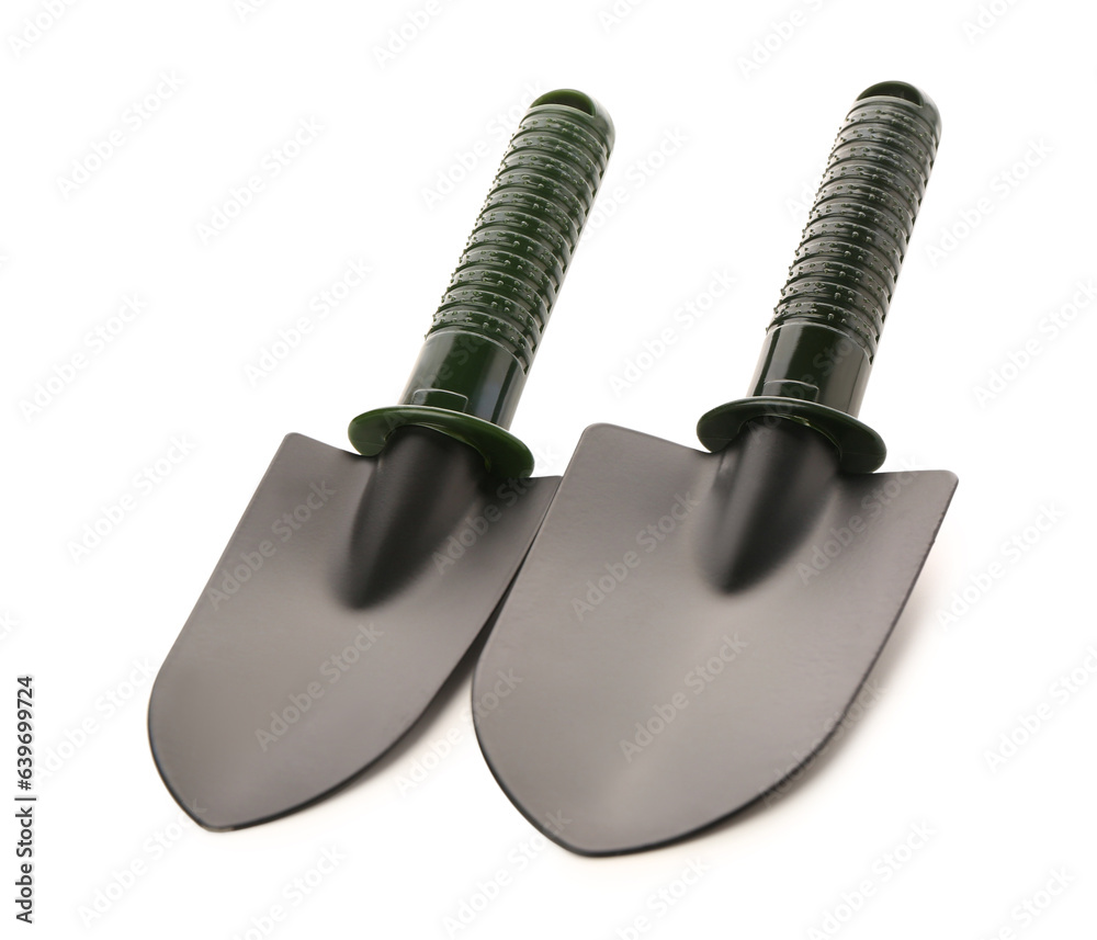 Black gardening shovels isolated on white background