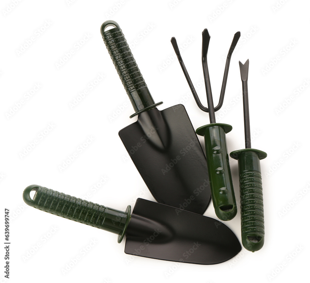 Set of gardening tools on white background