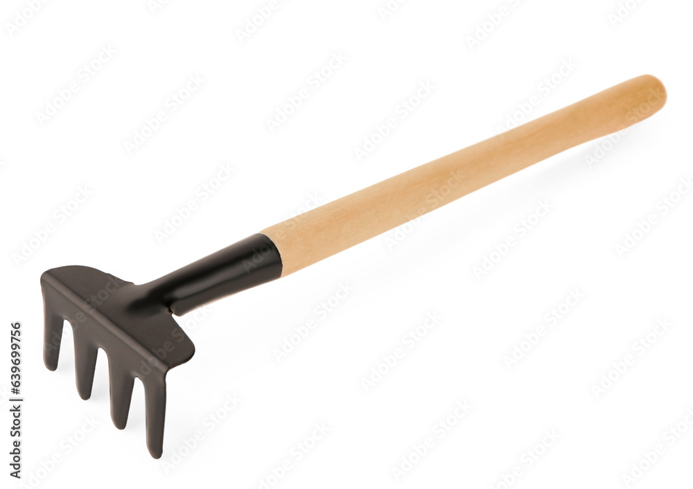 Gardening rake on white background