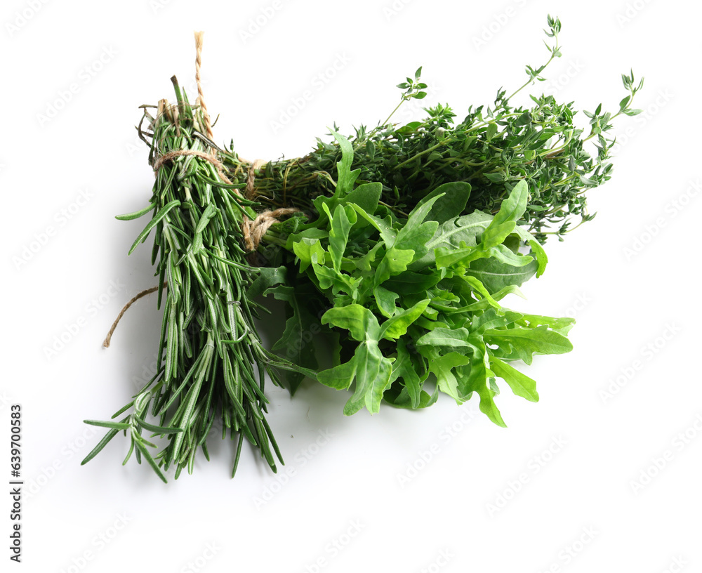 Bunches of fresh aromatic herbs isolated on white background