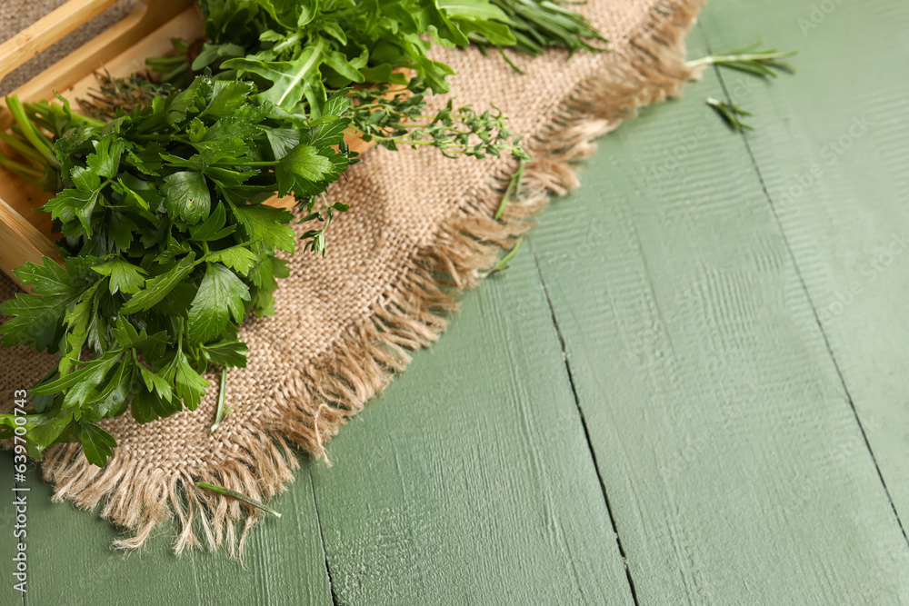 Composition with fresh aromatic herbs on color wooden background