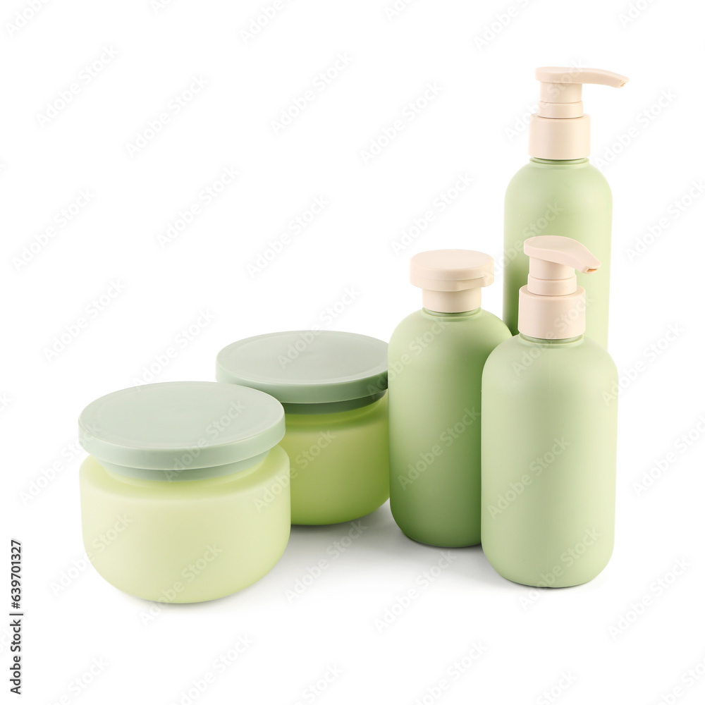 Cosmetic bottles and jars isolated on white background