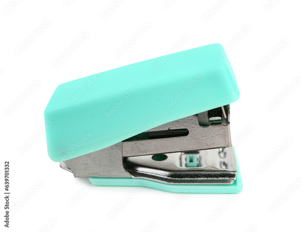 Green stapler isolated on white background