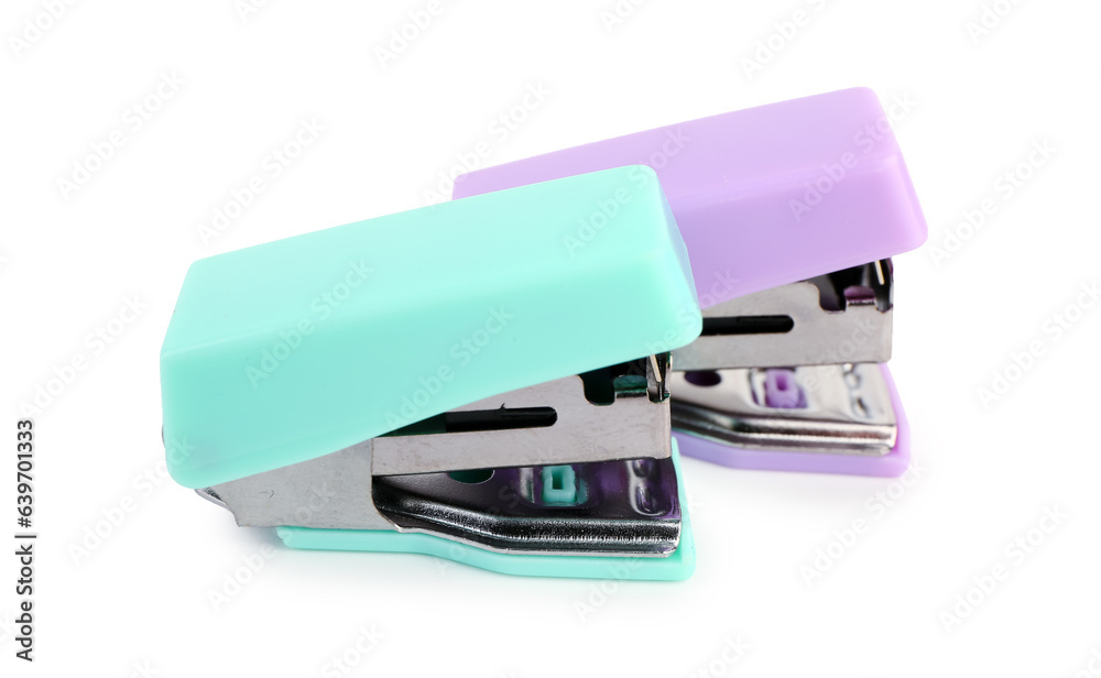 Colorful office isolated staplers on white background