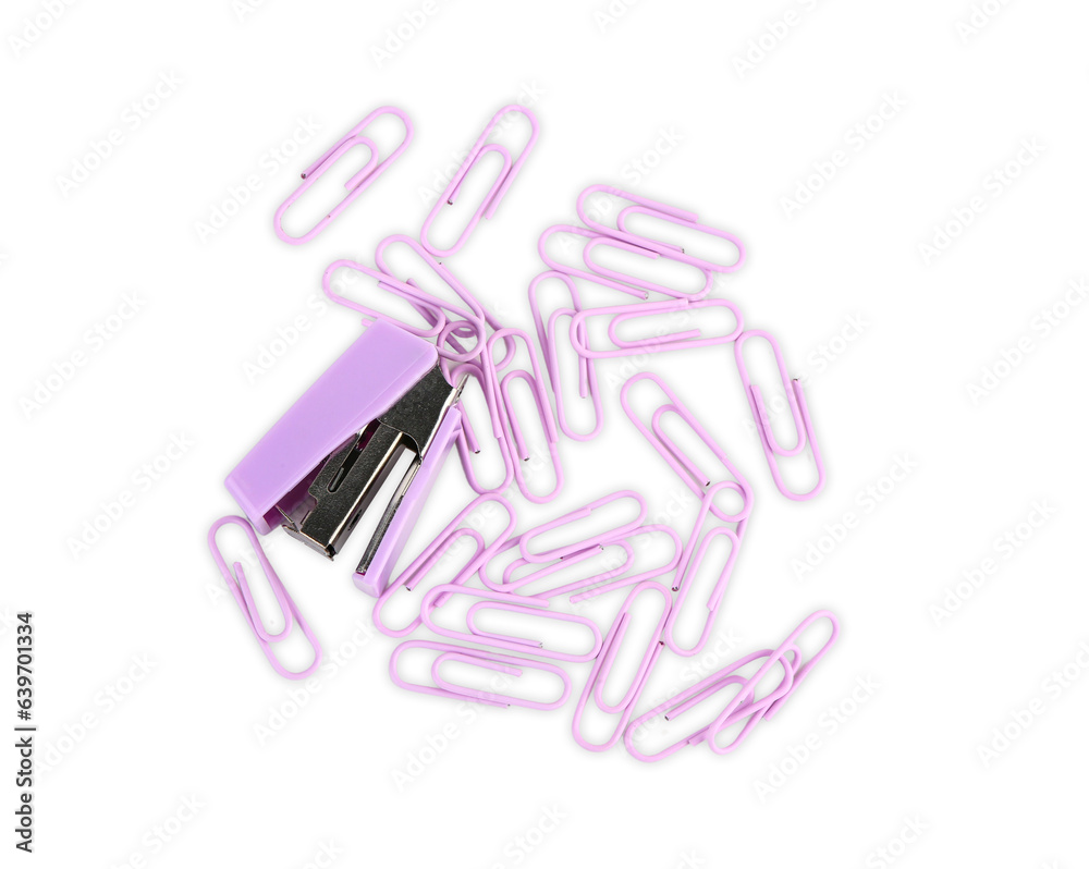 Colorful paper clips and stapler on white background