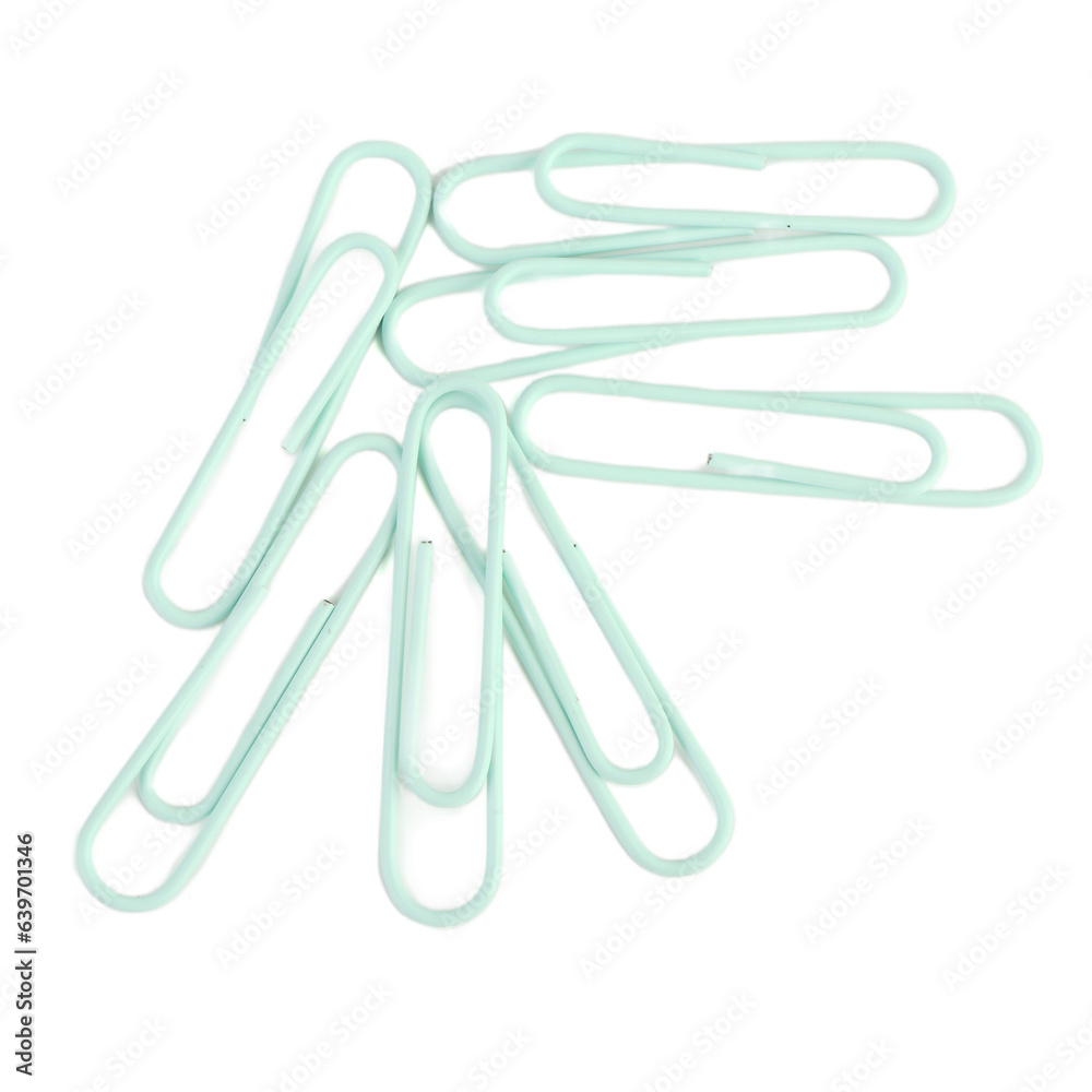 Green paper clips isolated on white background