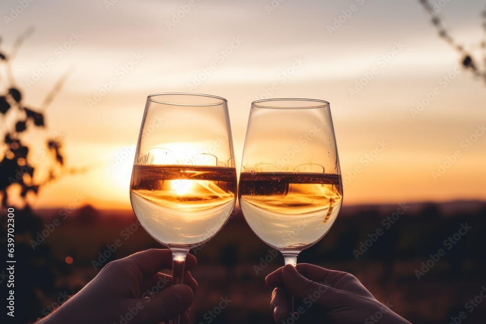 Glasses of wine with sunset sky background