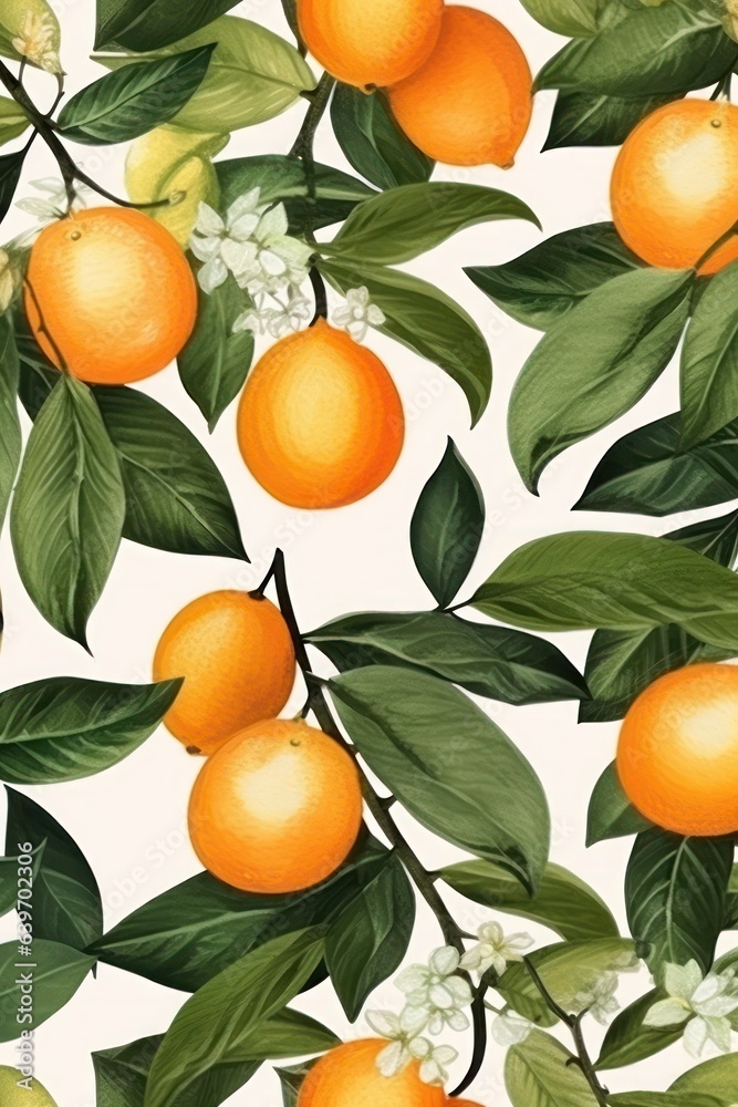 Beautiful botanical watercolor pattern with oranges and leaves