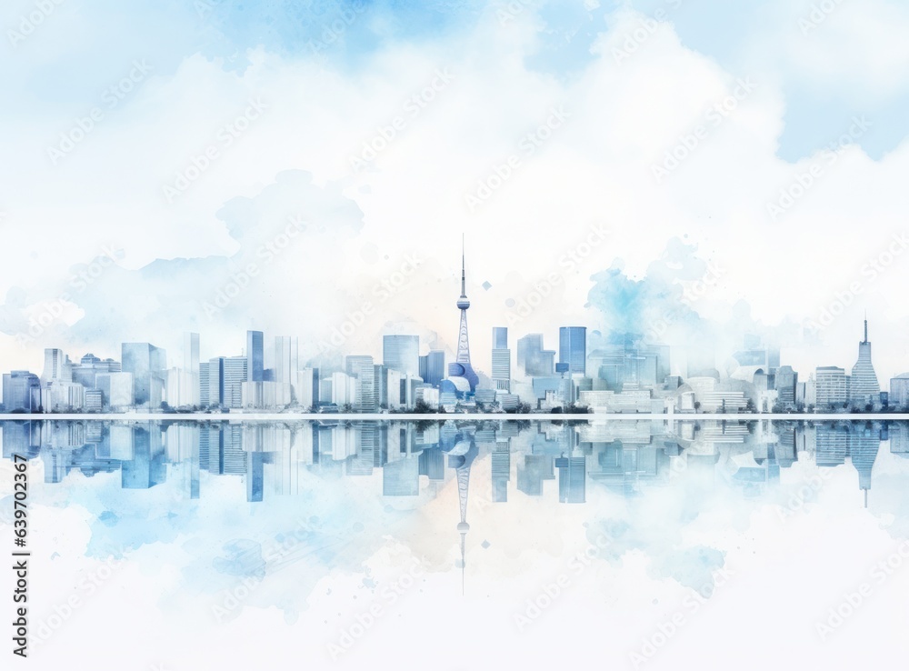 Blue watercolor cityscape background