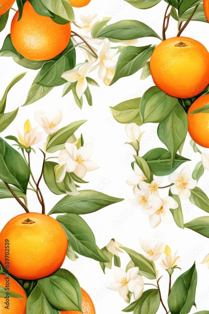 Beautiful botanical watercolor pattern with oranges and leaves