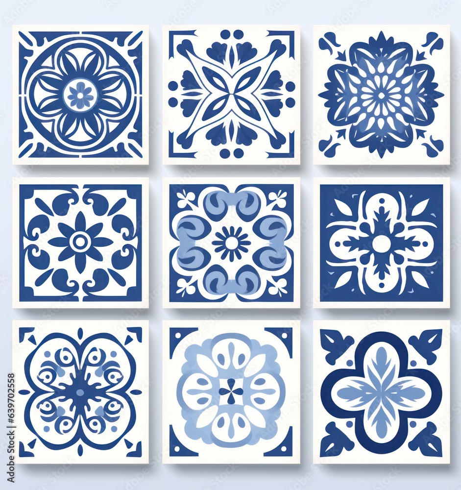 A blue tile pattern of watercolor tiles