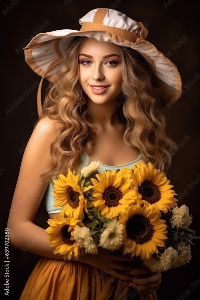 Beautiful woman with sunflower bouquet