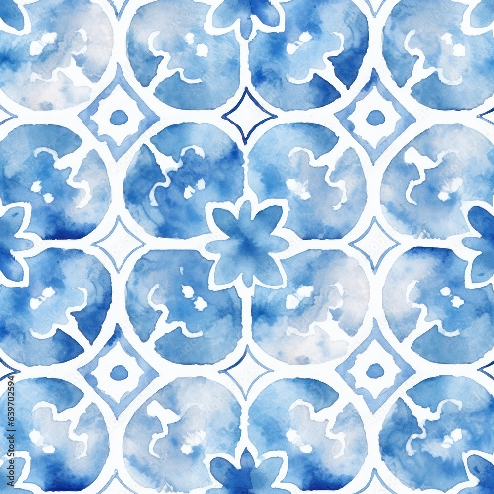 A blue tile pattern of watercolor tiles