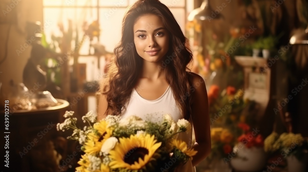 Beautiful woman with sunflower bouquet