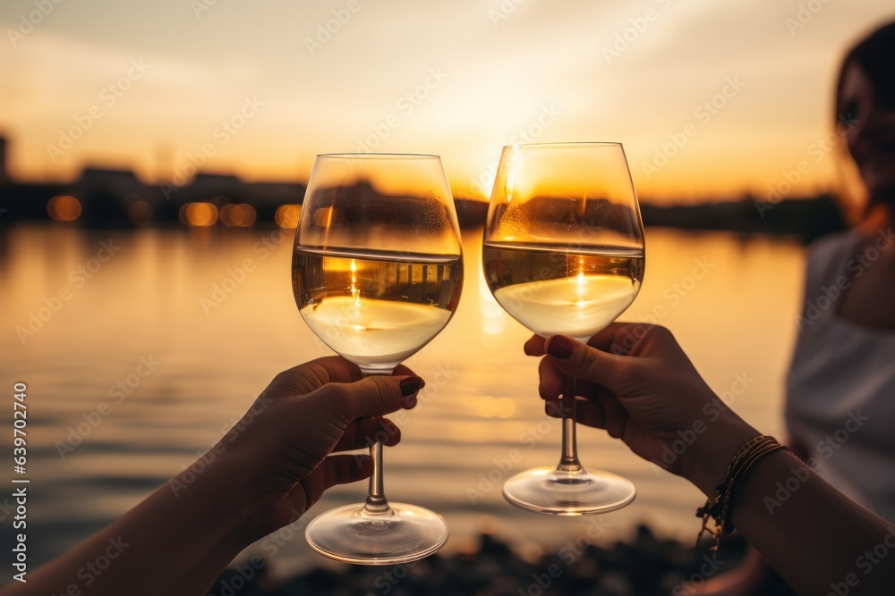 Glasses of wine with sunset sky background