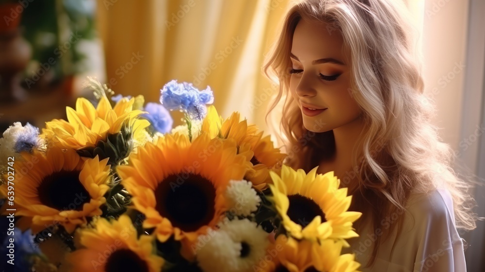 Beautiful woman with sunflower bouquet