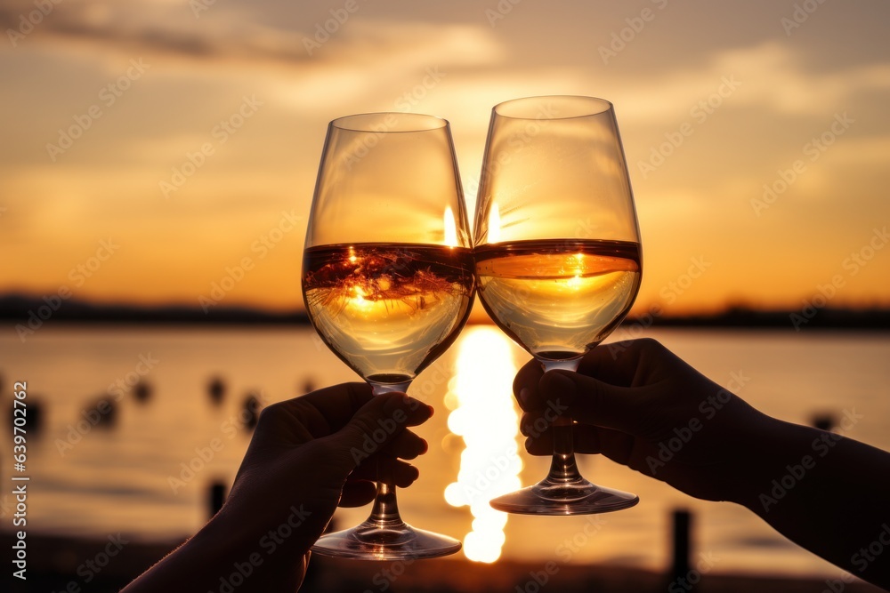 Glasses of wine with sunset sky background