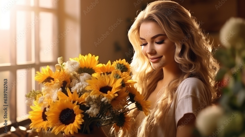 Beautiful woman with sunflower bouquet