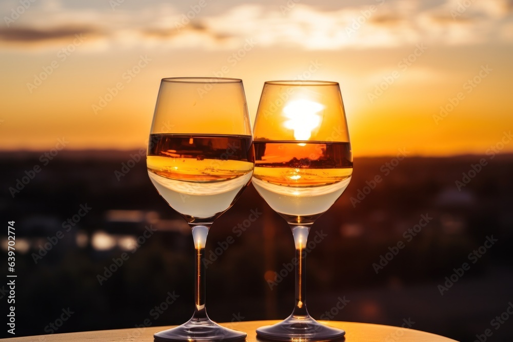 Glasses of wine with sunset sky background