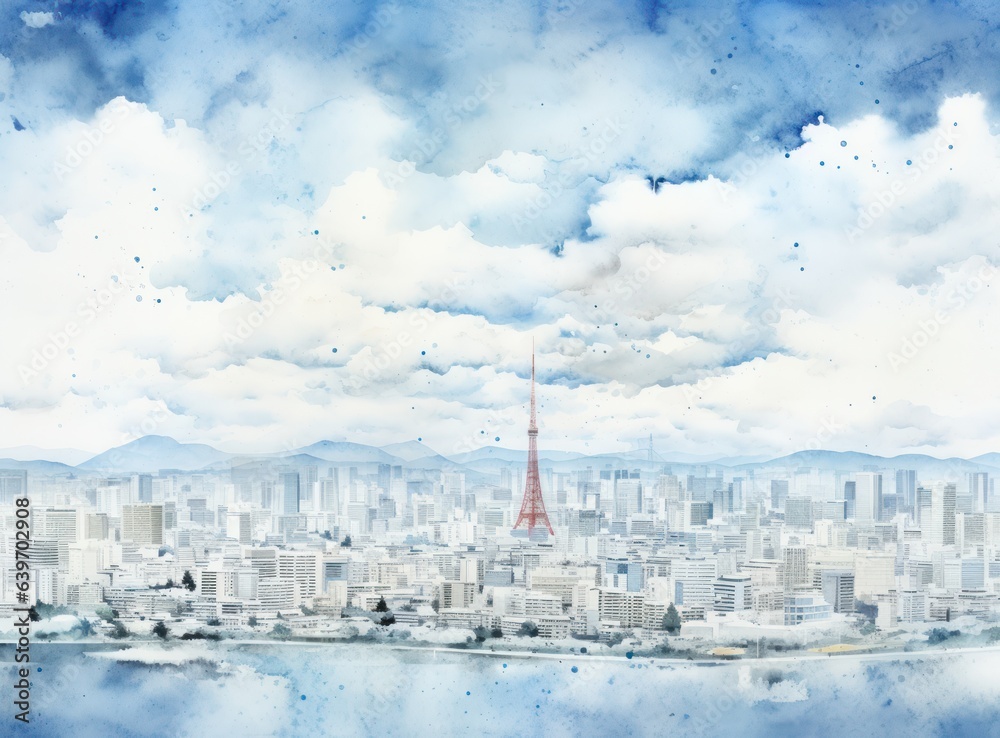 Blue watercolor cityscape background