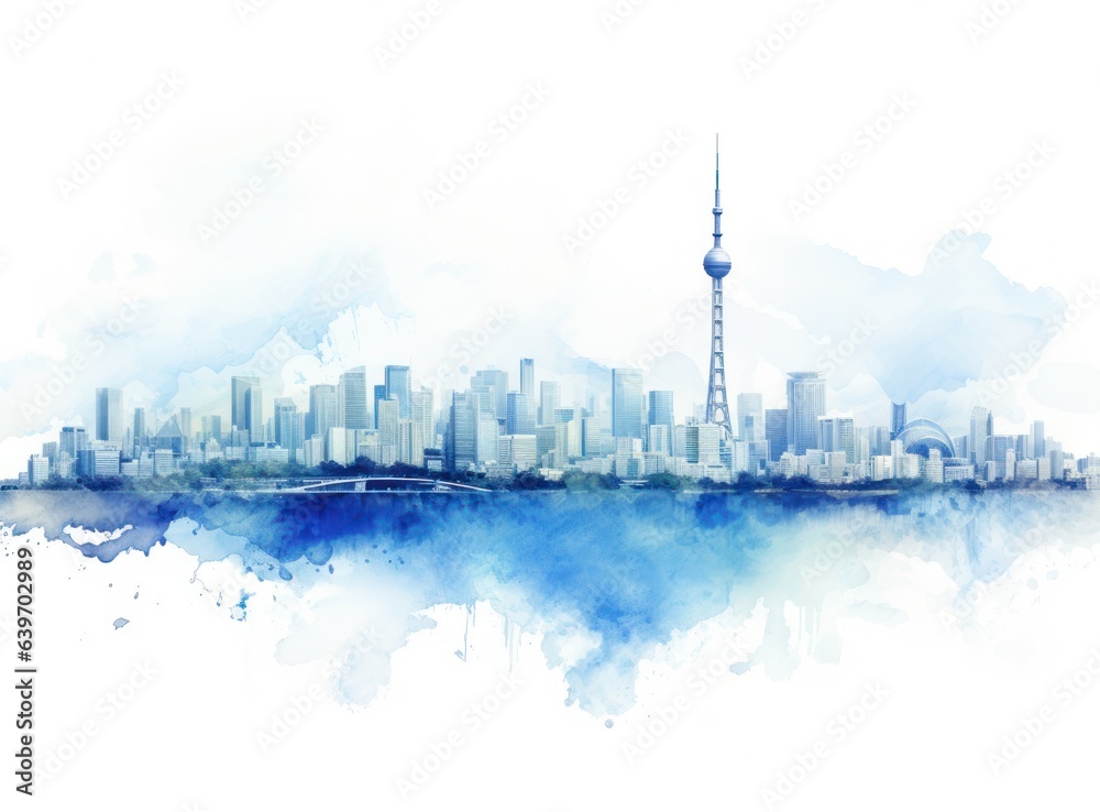 Blue watercolor cityscape background