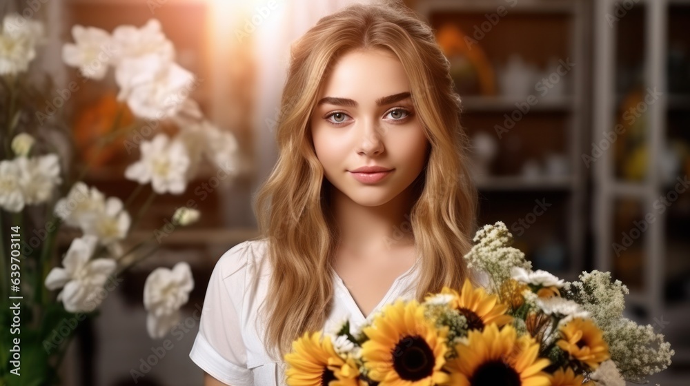 Beautiful woman with sunflower bouquet