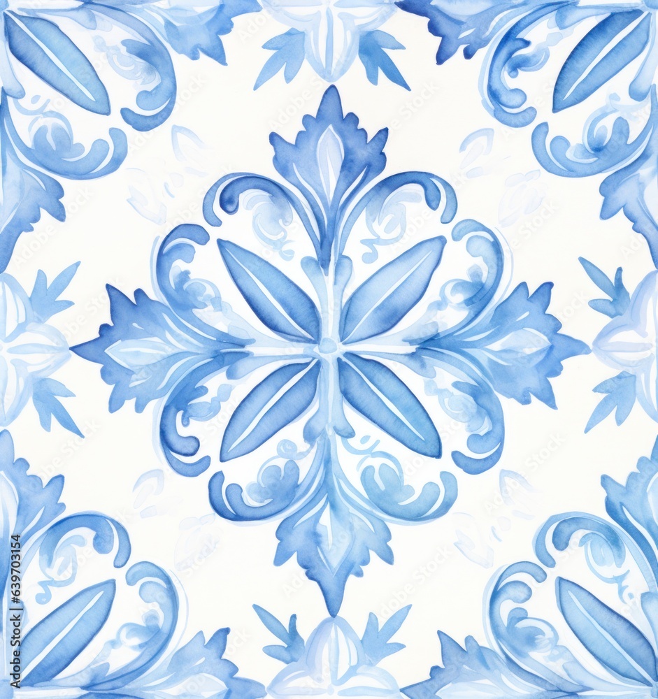 A blue tile pattern of watercolor tiles