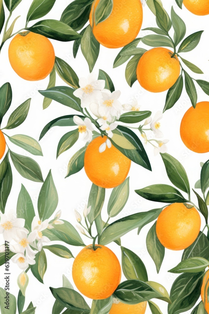 Beautiful botanical watercolor pattern with oranges and leaves