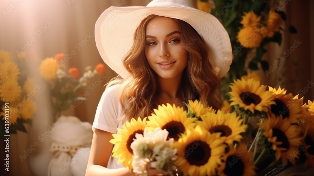 Beautiful woman with sunflower bouquet