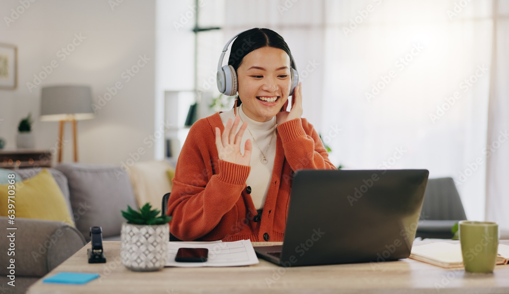 Woman on video call with work from home laptop, headphones and virtual international online meeting.