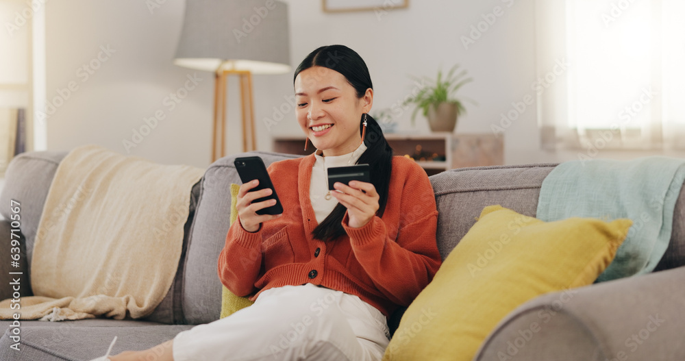 Happy woman, credit card and phone on couch online shopping, ecommerce and fintech easy payment. Asi