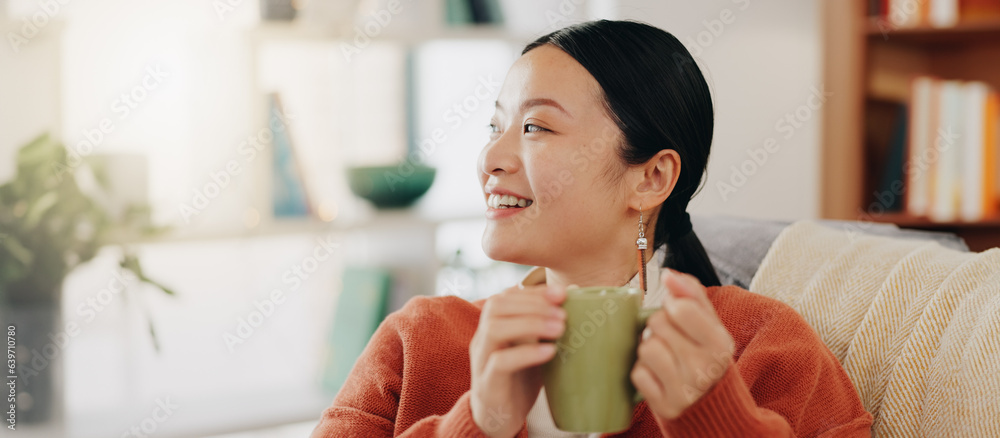 Thinking, coffee and Asian woman on couch, relax and decision with inspiration, decision and calm in