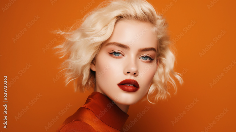 Beautiful model on an orange colored background