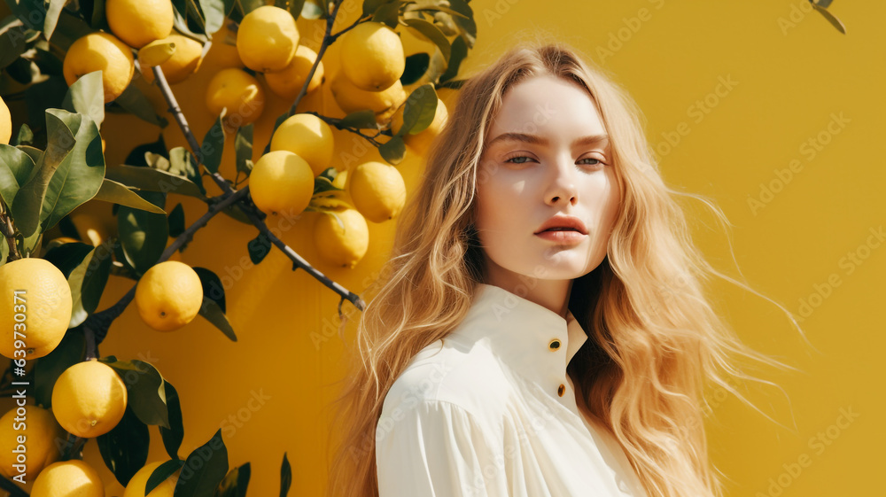 Elegant young woman with lemon tree