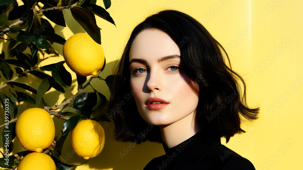 Elegant young woman with lemon tree