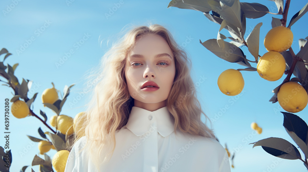 Elegant young woman with lemon tree