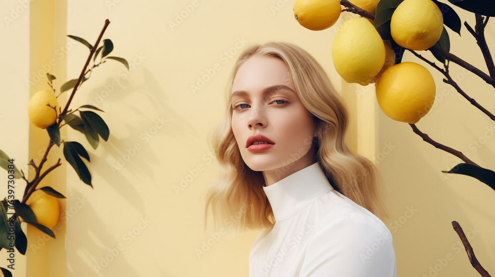 Elegant young woman with lemon tree