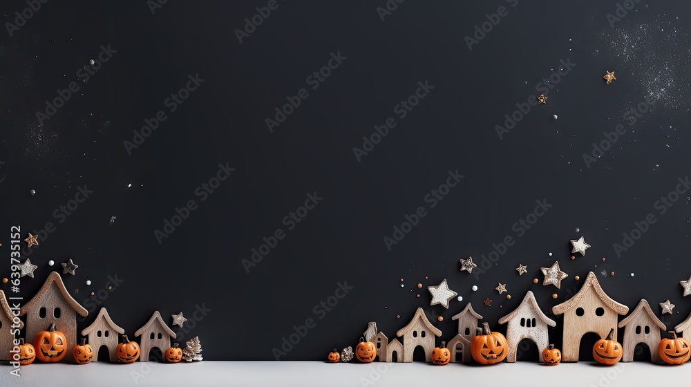 christmas snow covered house with pumpkins and space for text