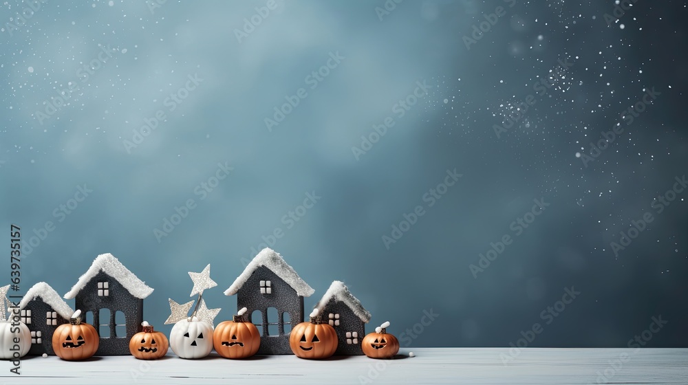 christmas snow covered house with pumpkins and space for text