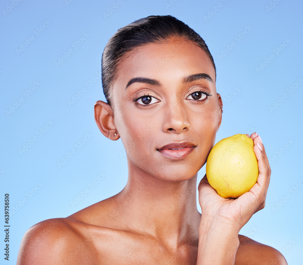 Lemon, portrait or natural skincare of woman in studio for vitamin c benefits, eco cosmetics or nutr