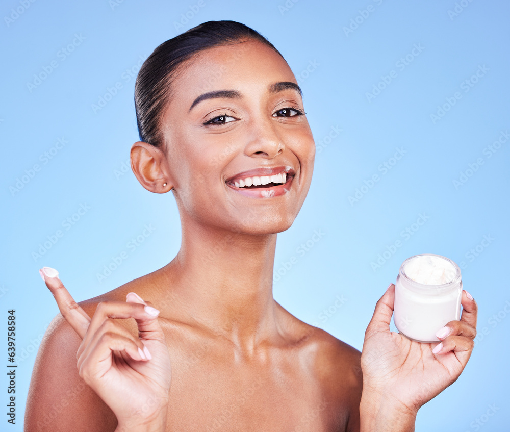 Cream jar, portrait and woman in studio with facial product for aesthetic skincare, dermatology or s