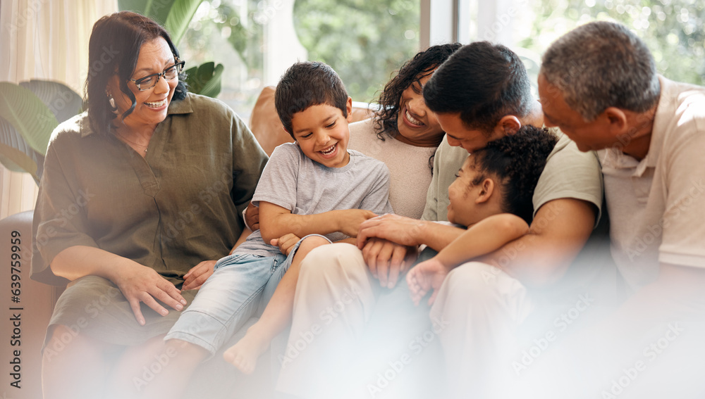 Love, laugh and big family bond on sofa, relax and having fun in their home together. Smile, relax a