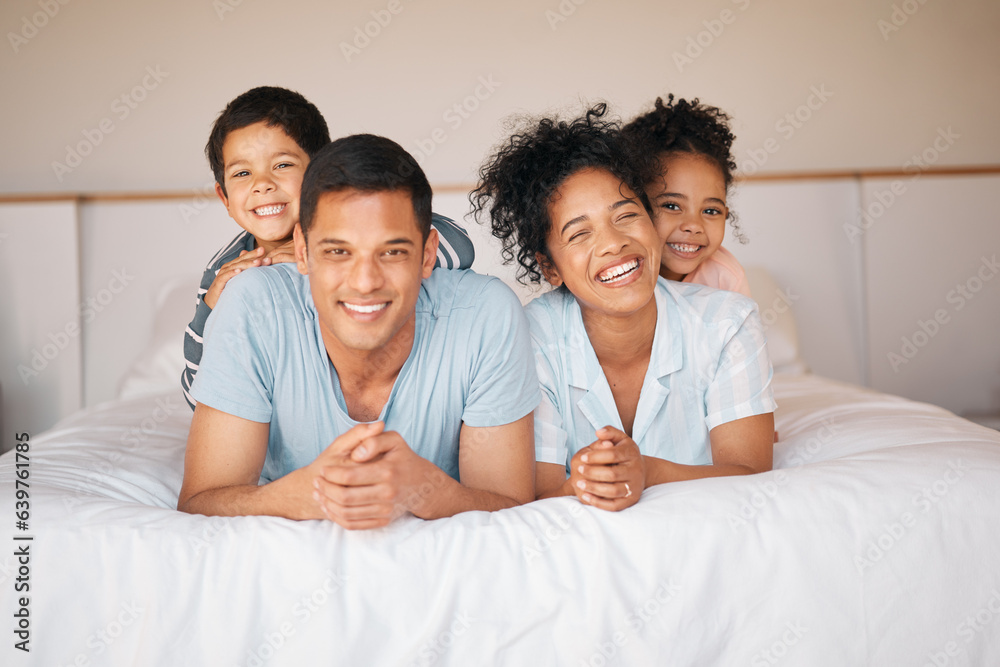 Happy, portrait and relax with family in bedroom for playful, morning and love. Care, support and wa