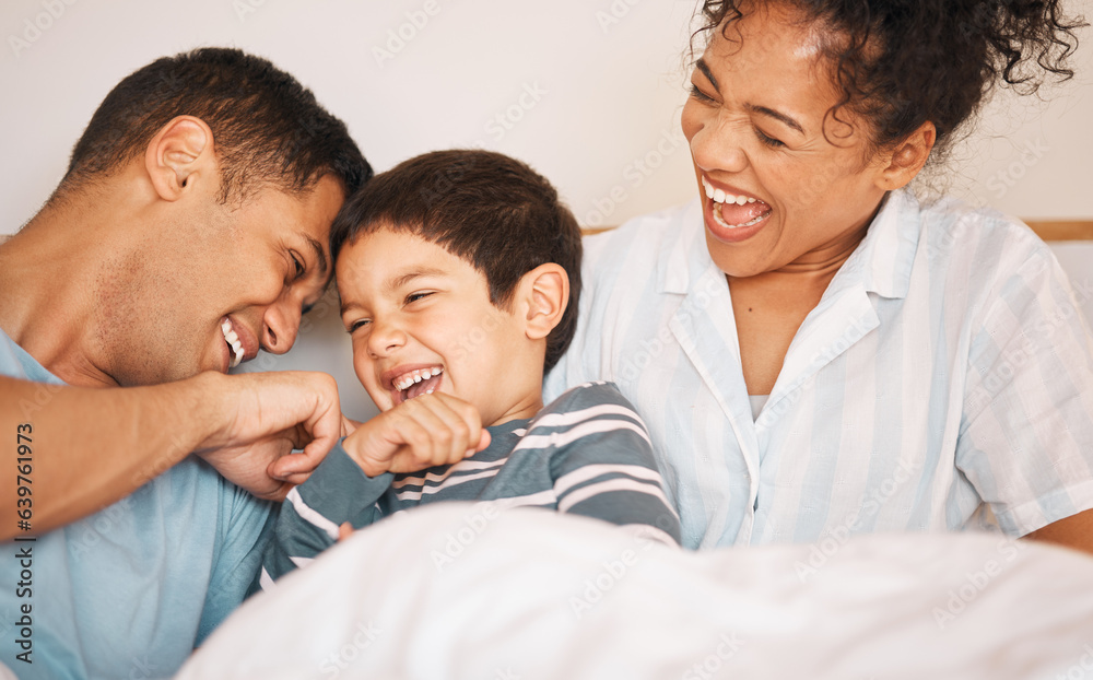 Happy, tickle and smile with family in bedroom for playful, morning and love. Care, support and wake