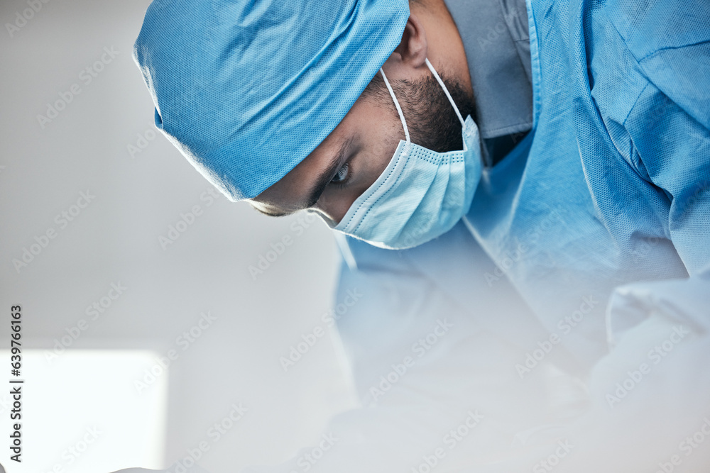 Healthcare, face mask and a doctor in a theater for surgery, medical consulting or a solution. Serio